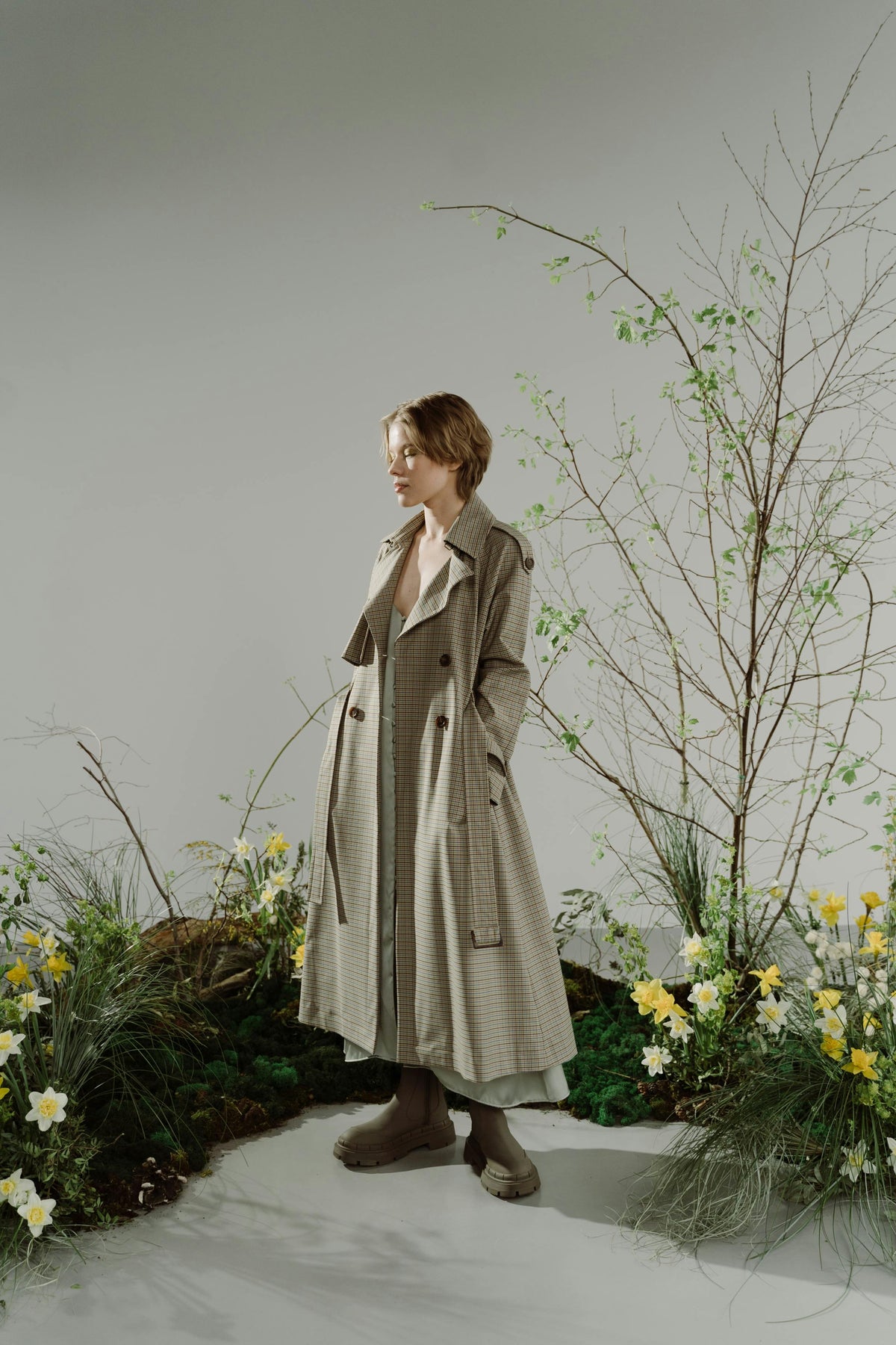 Classic Plaid Trench Coat with Belt