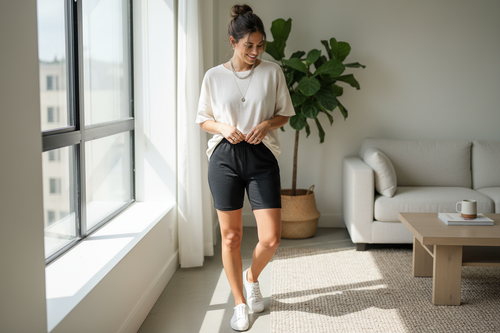 Woman wearing black shorts